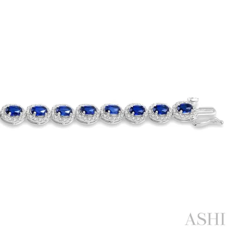 1 1/10 Ctw Oval Shape 5x3mm Sapphire & Round Cut Diamond Precious Stone Bracelet in 14K White Gold