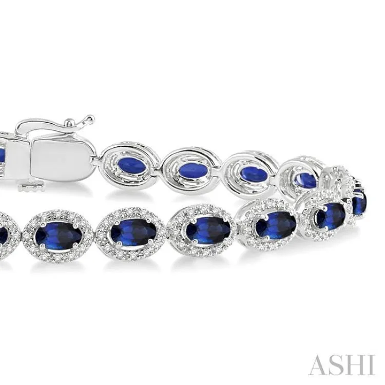 1 1/10 Ctw Oval Shape 5x3mm Sapphire & Round Cut Diamond Precious Stone Bracelet in 14K White Gold