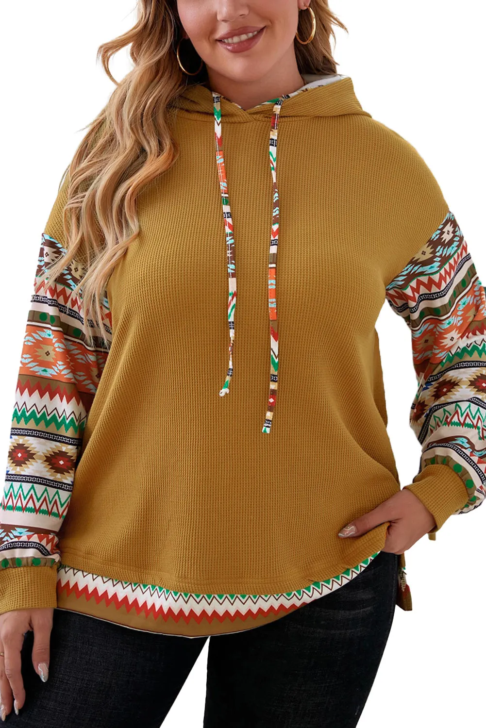 Aztec Patchwork Camel Hooded Waffle Plus Size Hoodie