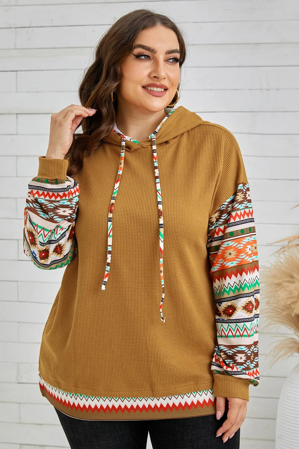 Aztec Patchwork Camel Hooded Waffle Plus Size Hoodie