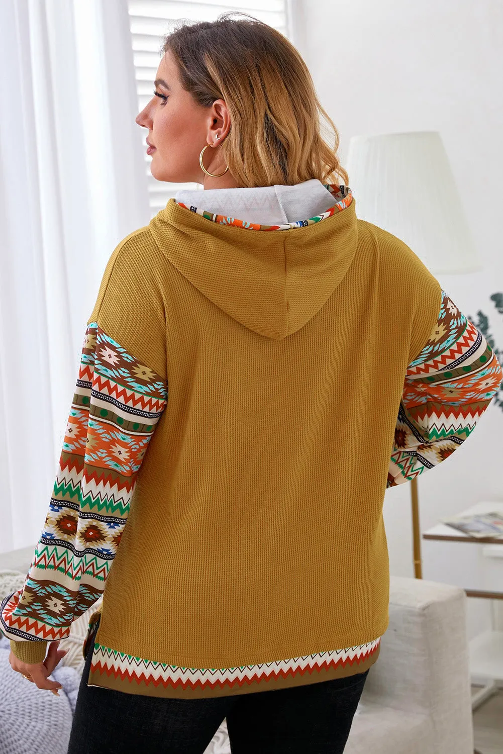 Aztec Patchwork Camel Hooded Waffle Plus Size Hoodie