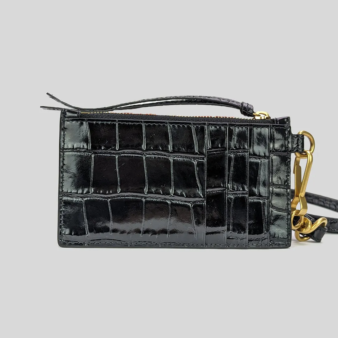 BALENCIAGA Crocodile Embossed Leather Lanyard Card Holder Black 655246