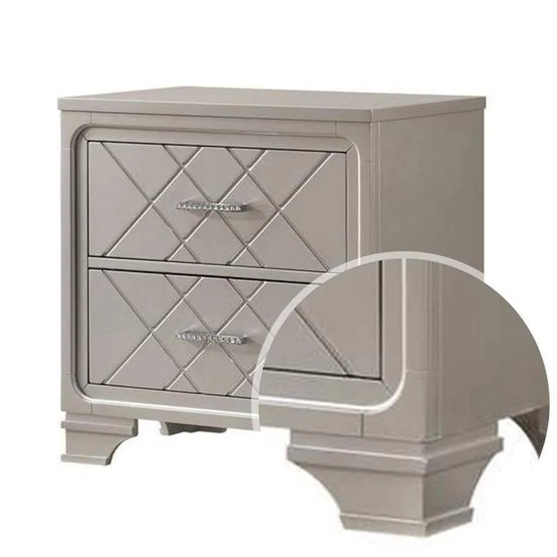 Benzara 2 Drawer Wooden Nightstand with Diamond Pattern and Bracket Feet, Silver