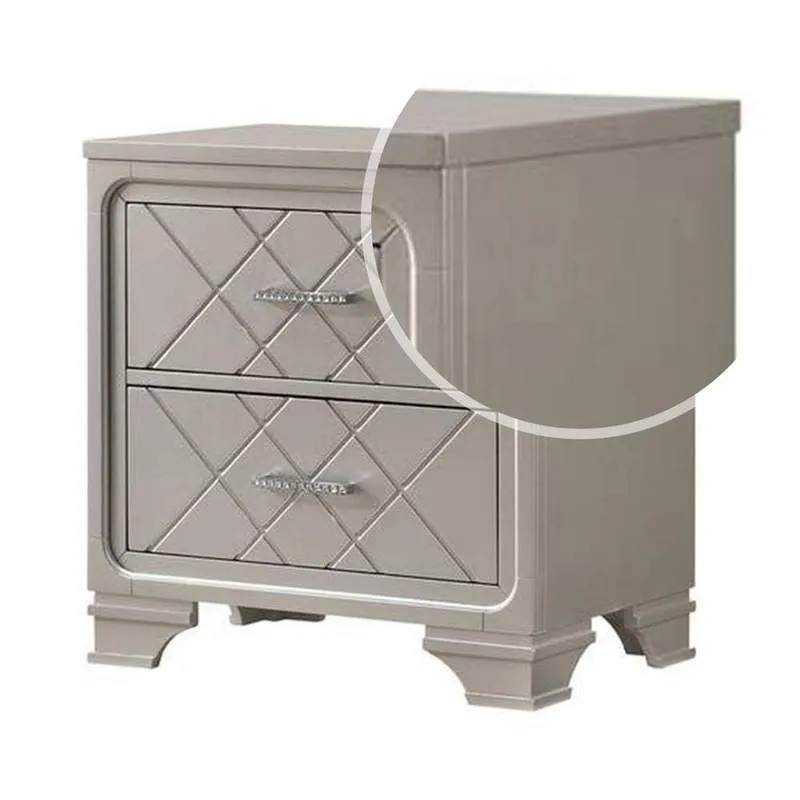 Benzara 2 Drawer Wooden Nightstand with Diamond Pattern and Bracket Feet, Silver