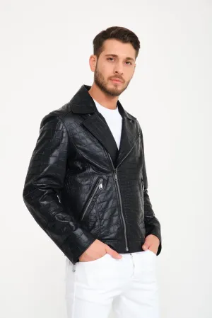 Black Crocodile Pattern Leather Jacket