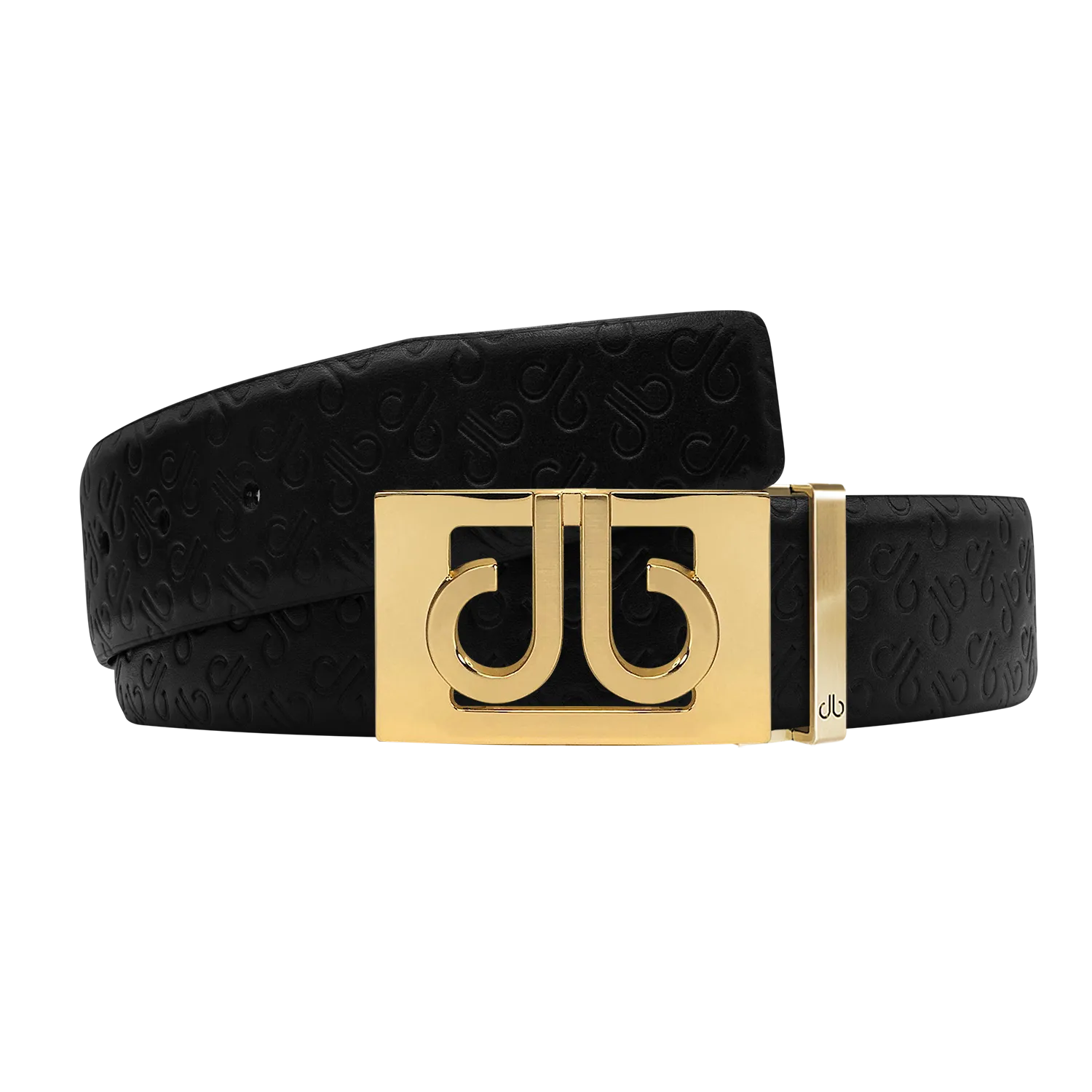 Black Db Icon Pattern Embossed Leather Belt With Gold Db Classic Thru Buckle