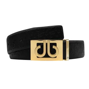 Black Db Icon Pattern Embossed Leather Belt With Gold Db Classic Thru Buckle