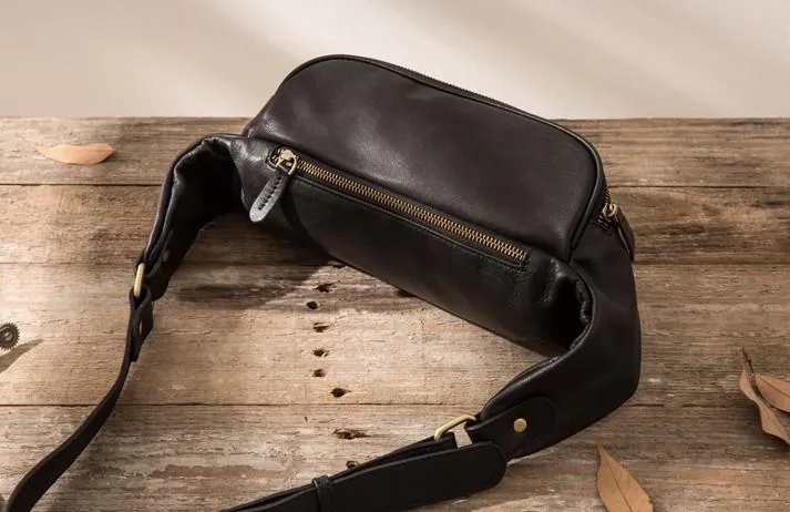 Black Leather Fanny Packs Mens Waist Bag Hip Pack Belt Bag for Men