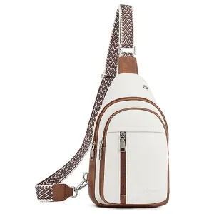 BOSTANTEN Sling Bag Cross Body Bag Trendy Leather Crossbody Purse Chest Bag with Adjustable Guitar Strap for Travel, Beige