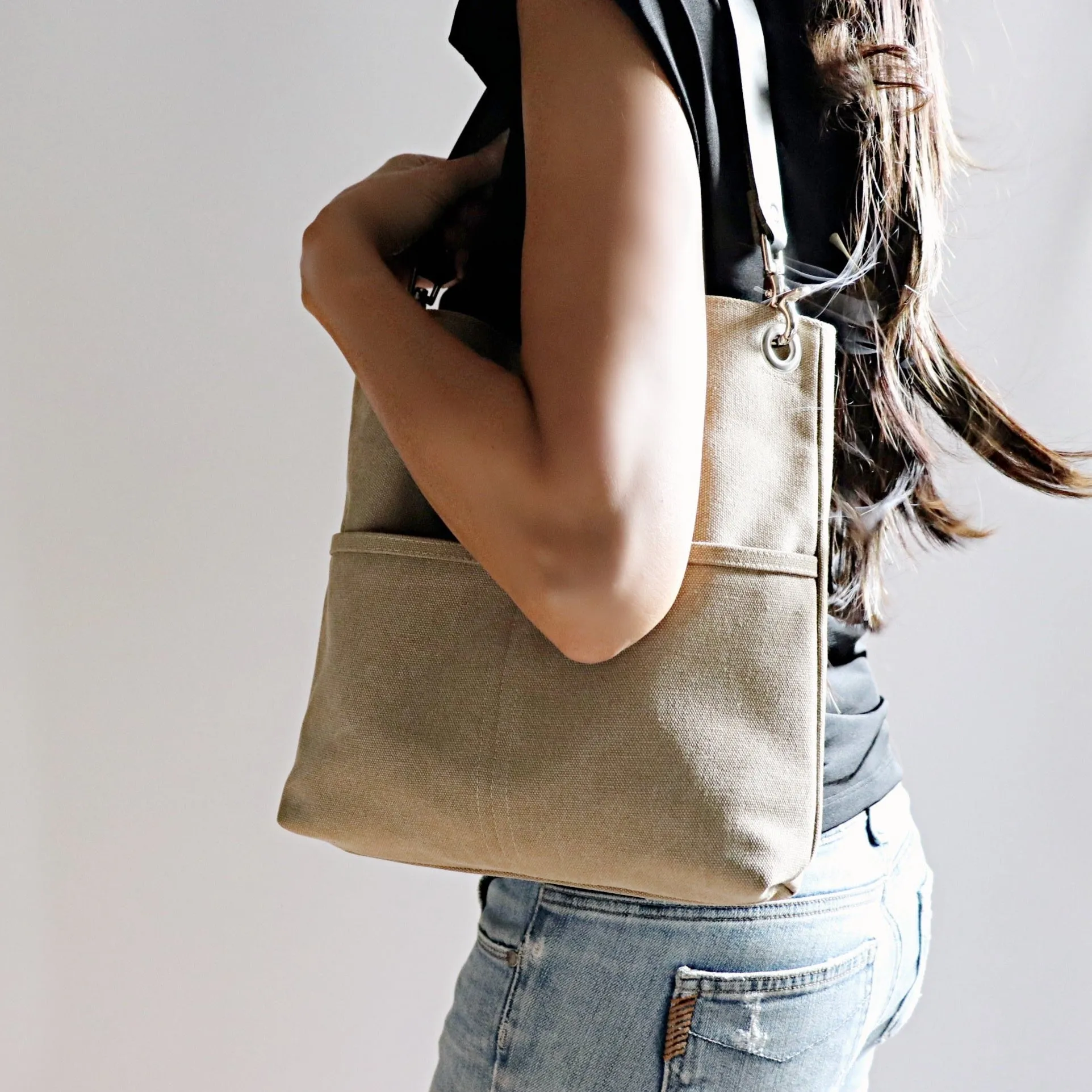 Canvas Hobo Bag, Bucket Bag in Khaki, Medium Size Tote Bag