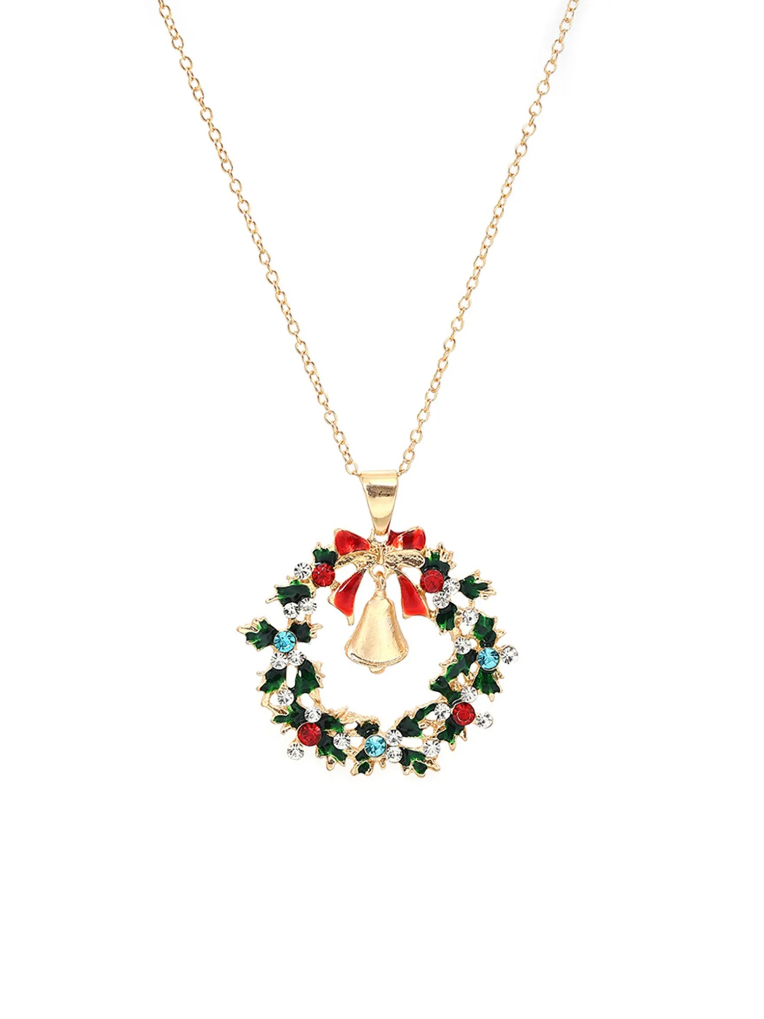 Christmas Diamond Leaf Garland Bell Pendant Necklace