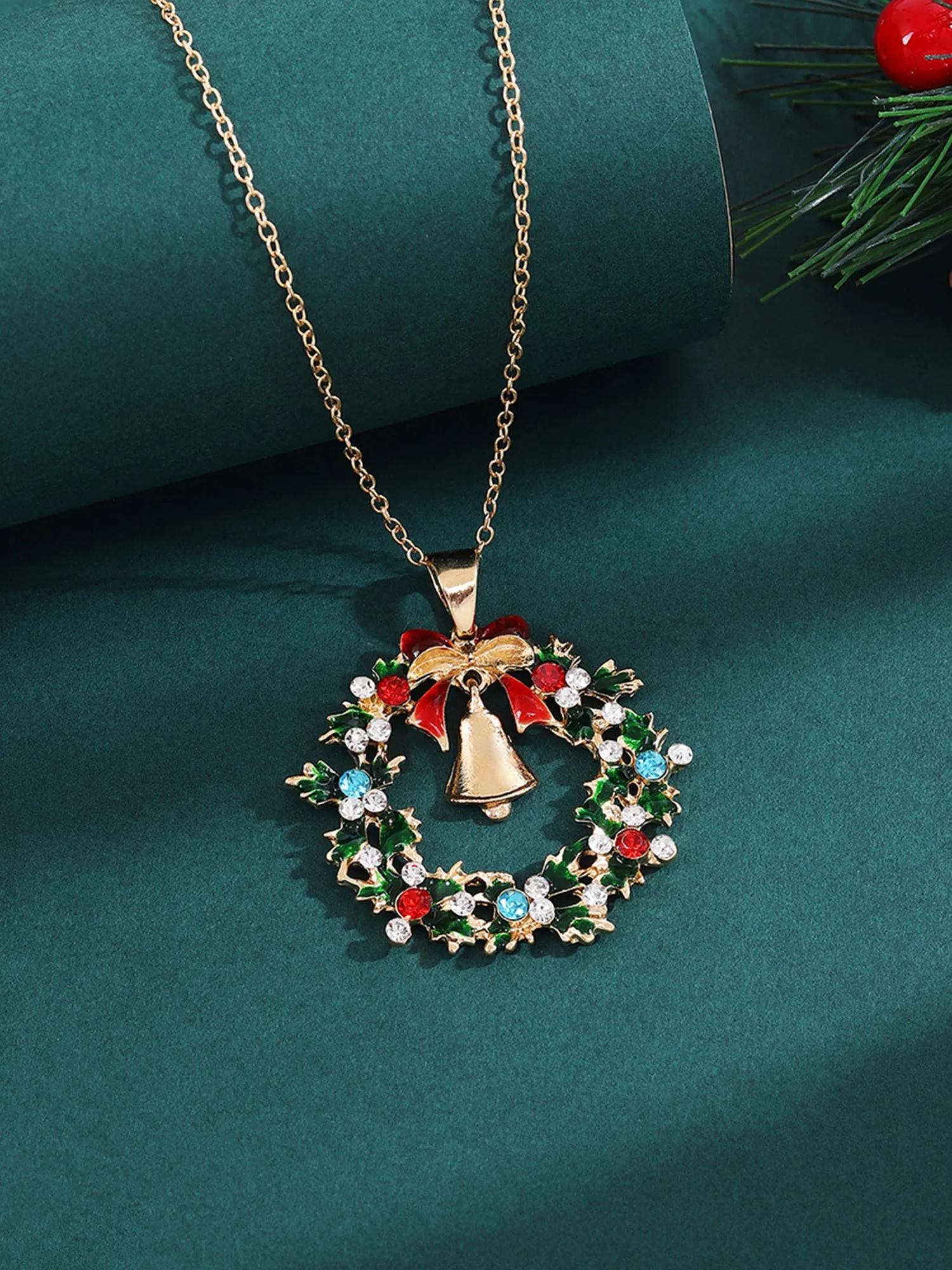 Christmas Diamond Leaf Garland Bell Pendant Necklace