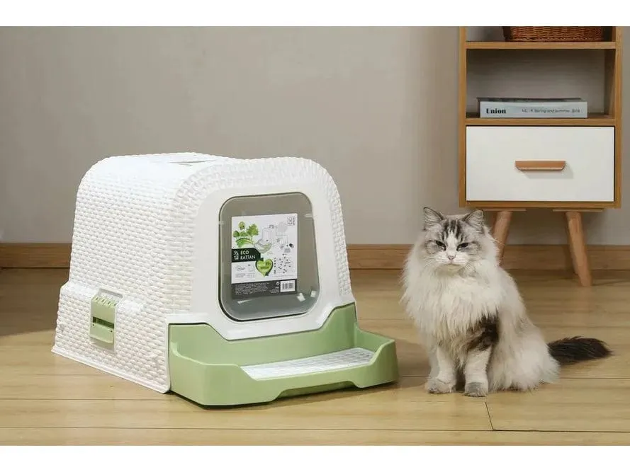 Eco Rattan Cat Litter Box White & Green