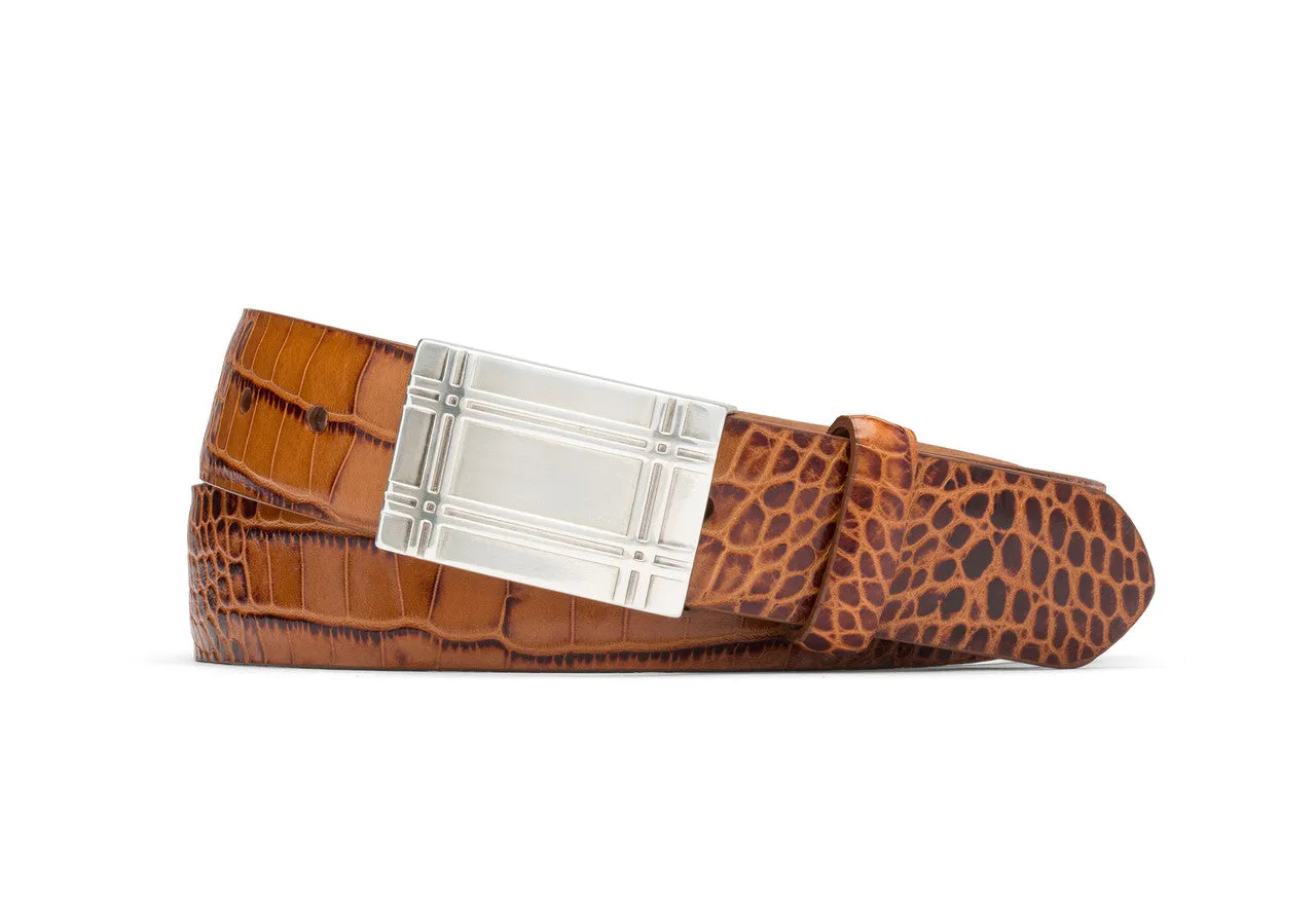 Embossed Crocodile Belt with Plaque Buckle