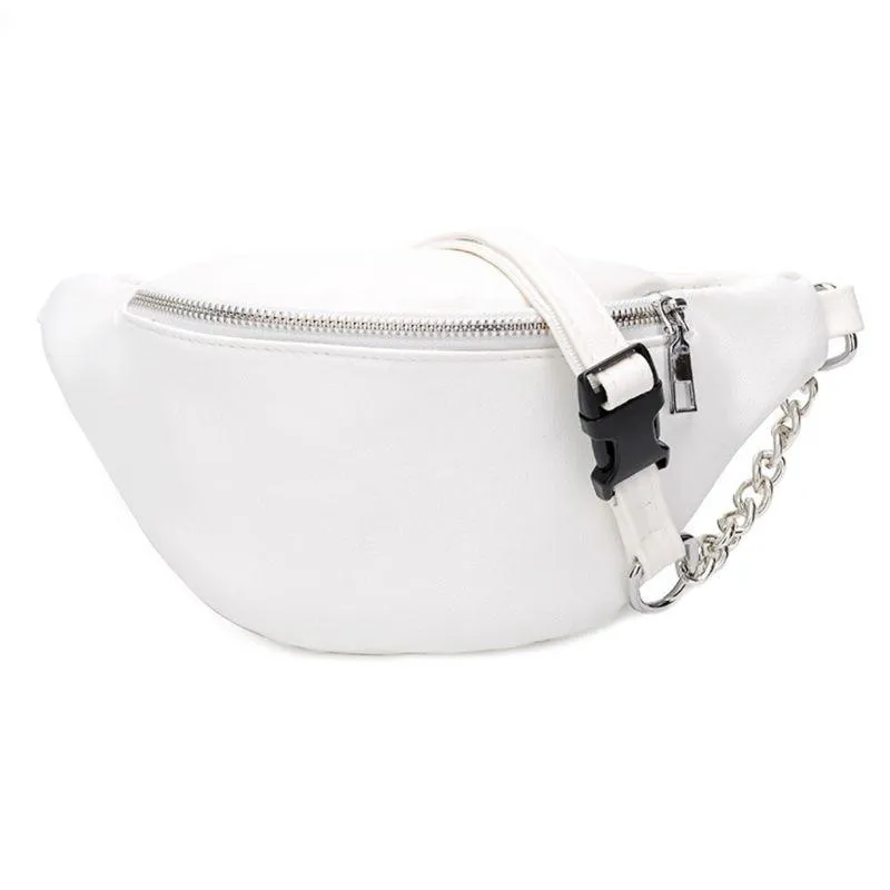 Fashionable Functional Female Leather Fannypack With Adjustable Strap & Metal Chain