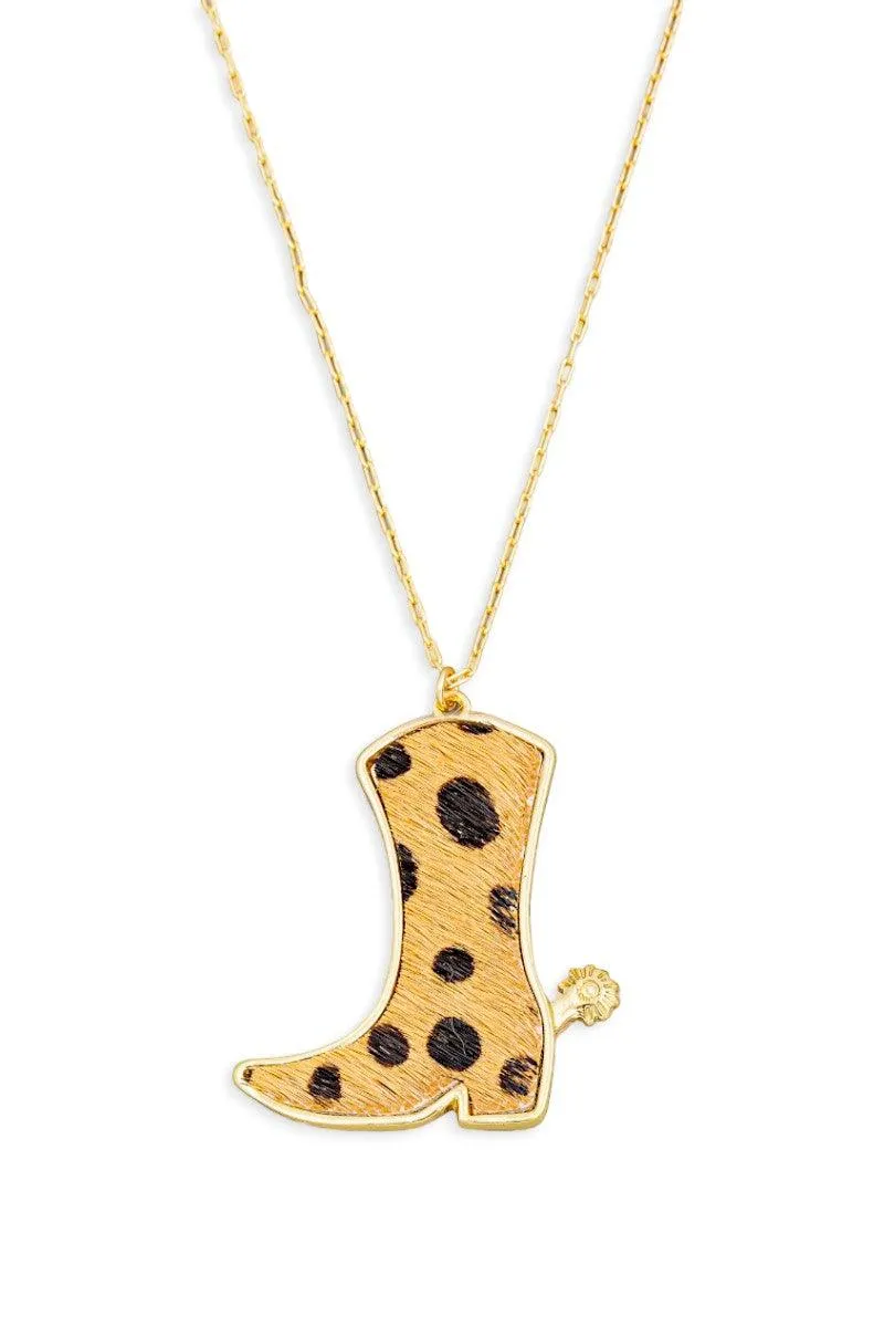 Faux Leather Leopard Cowboy Boot Pendant Necklace