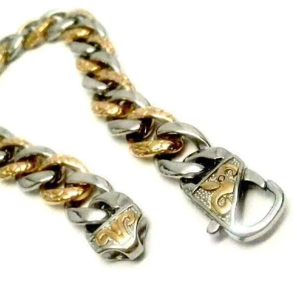 Fleur De Lis Cuban Curb Link 18k Gold Plated Stainless Steel Men's Bracelet