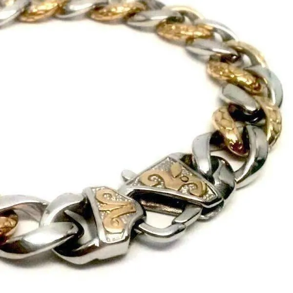 Fleur De Lis Cuban Curb Link 18k Gold Plated Stainless Steel Men's Bracelet