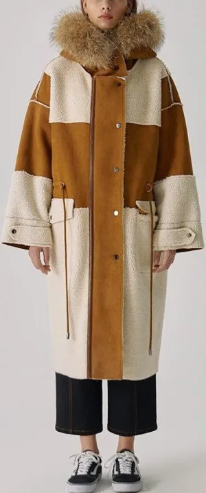 Fur-Hooded Wool and Suede Patchwork Coat