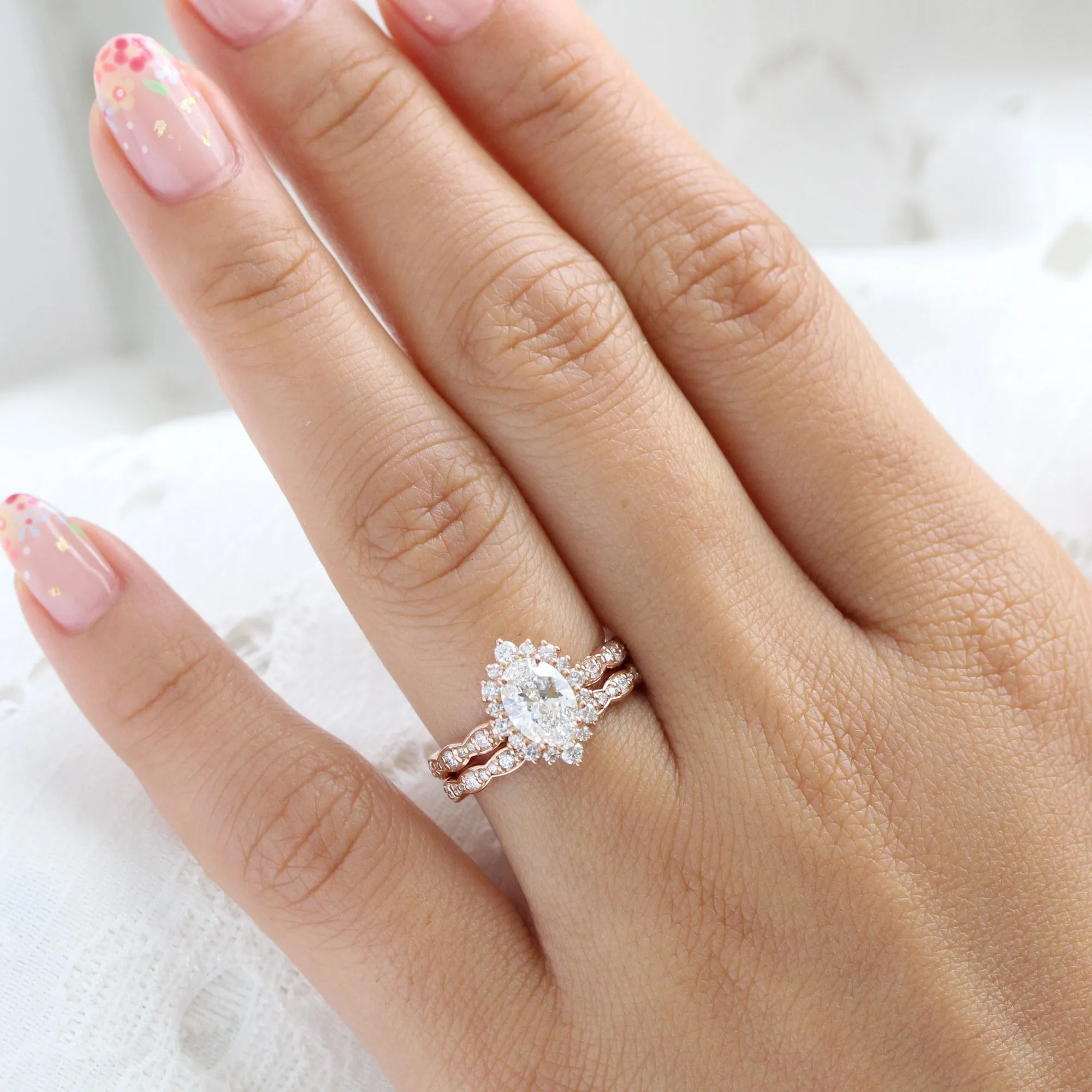 Oval Diamond Halo Scalloped Ring Set w/ Lab Diamond and Matching Wedding Band