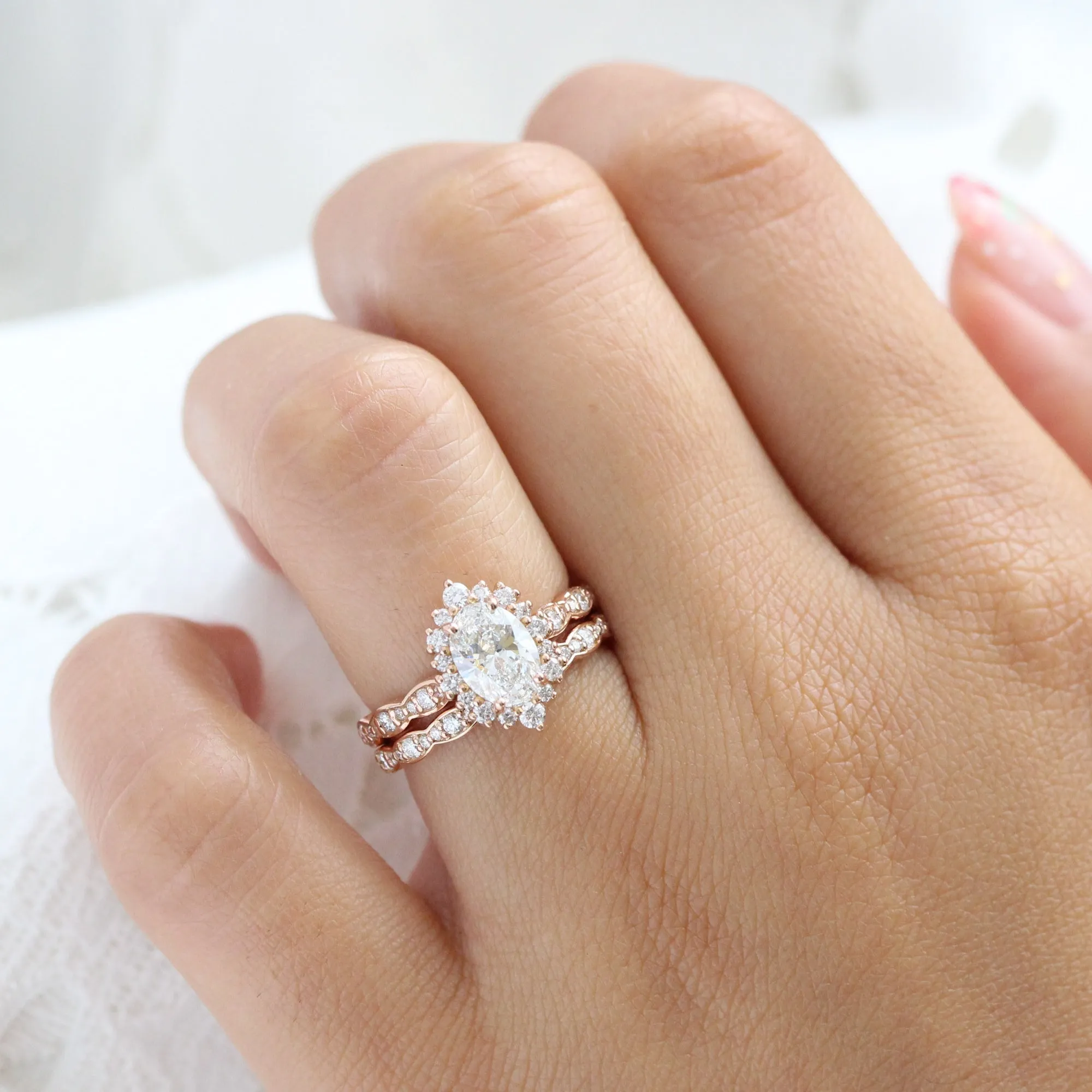 Oval Diamond Halo Scalloped Ring Set w/ Lab Diamond and Matching Wedding Band