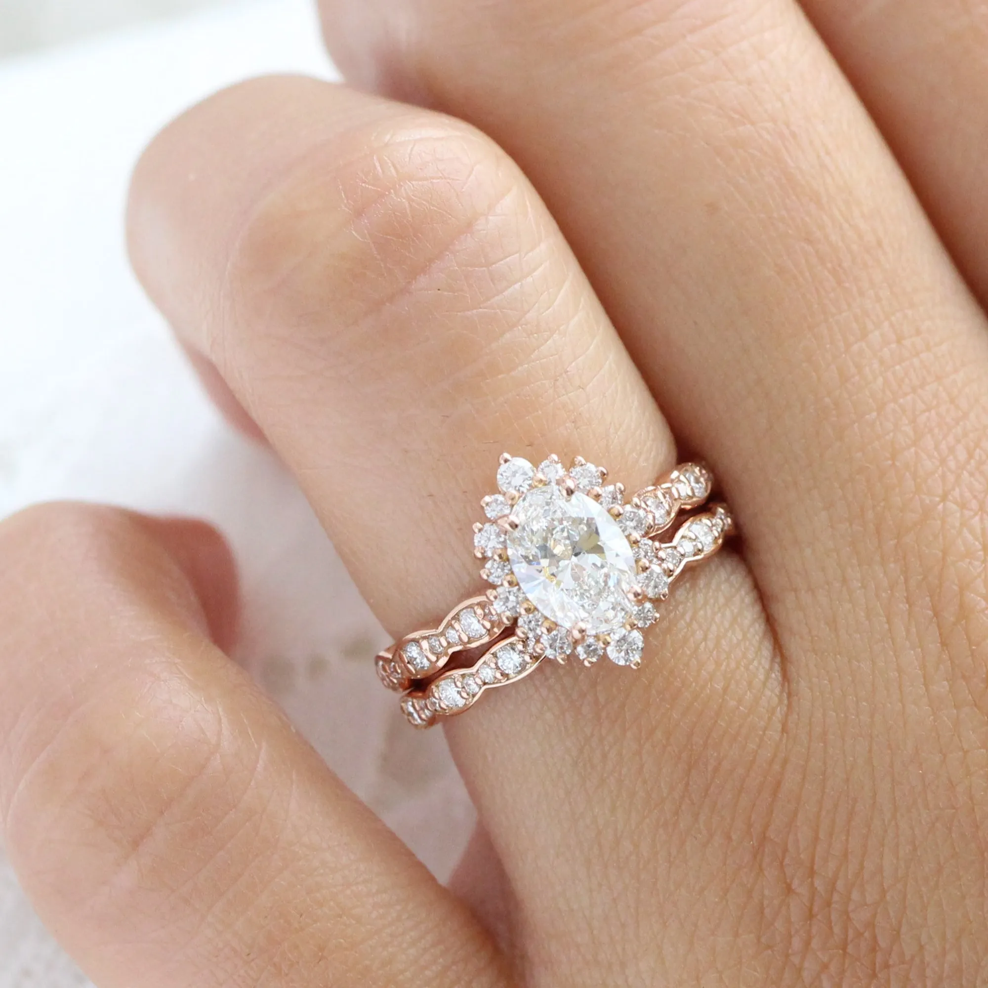 Oval Diamond Halo Scalloped Ring Set w/ Lab Diamond and Matching Wedding Band