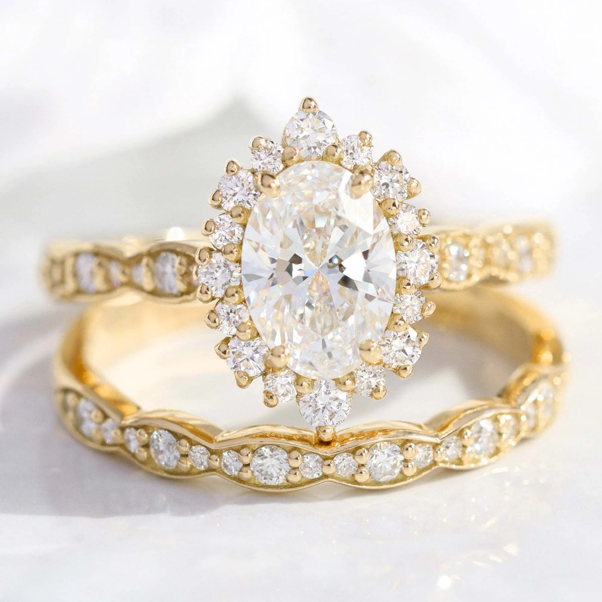 Oval Diamond Halo Scalloped Ring Set w/ Lab Diamond and Matching Wedding Band