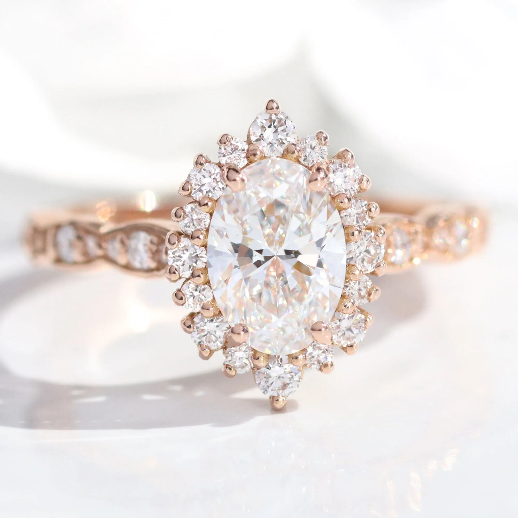 Oval Diamond Halo Scalloped Ring Set w/ Lab Diamond and Matching Wedding Band