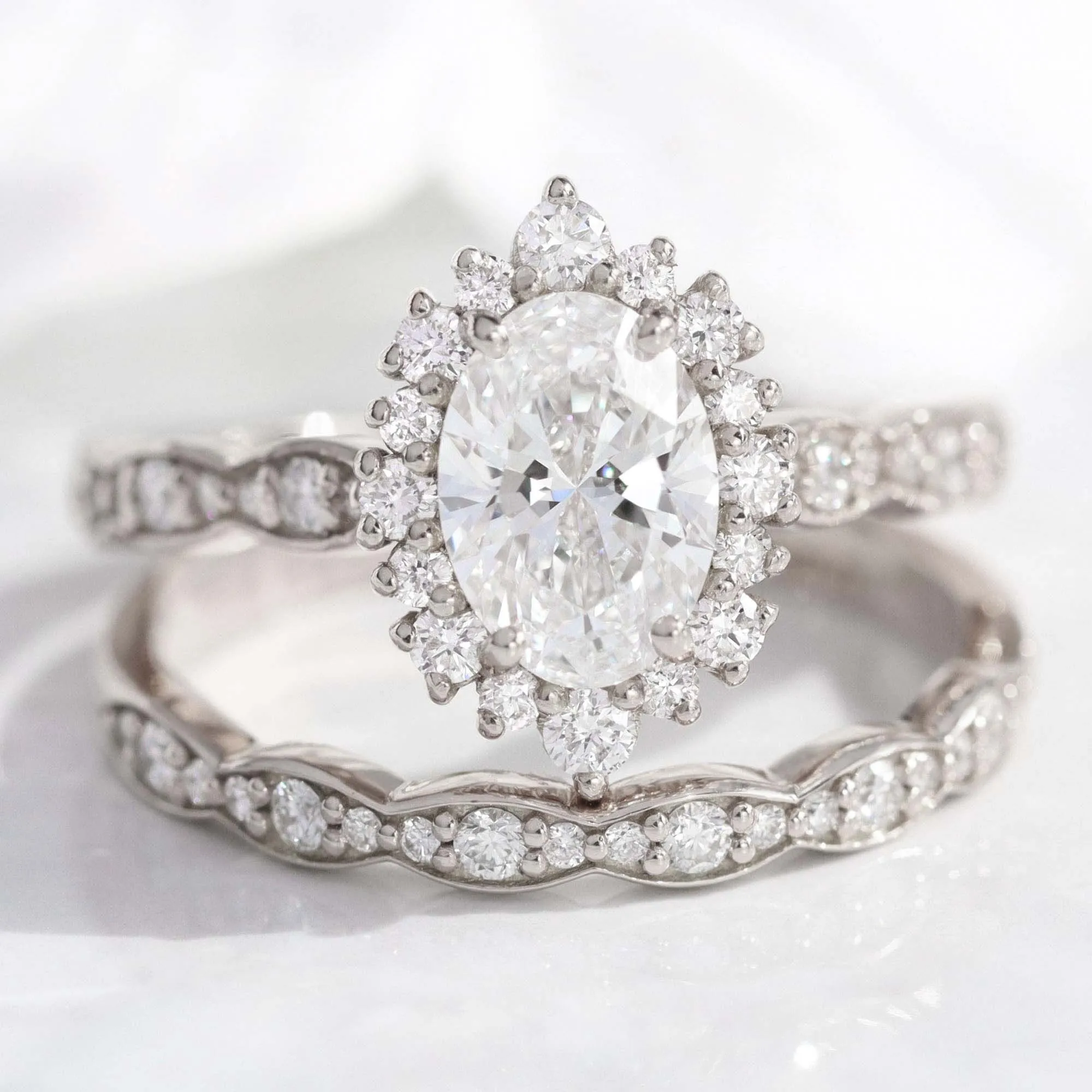 Oval Diamond Halo Scalloped Ring Set w/ Lab Diamond and Matching Wedding Band