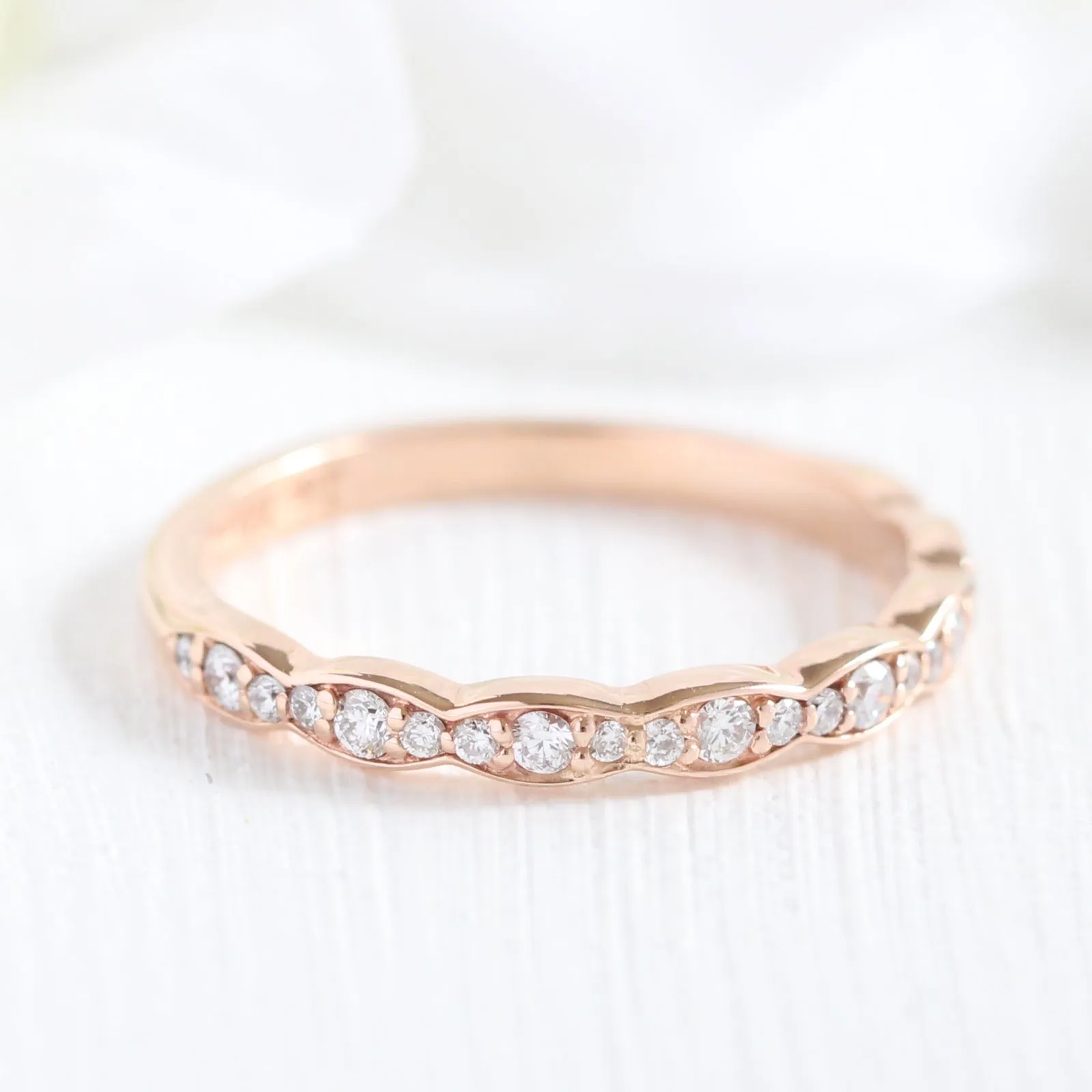 Oval Diamond Halo Scalloped Ring Set w/ Lab Diamond and Matching Wedding Band