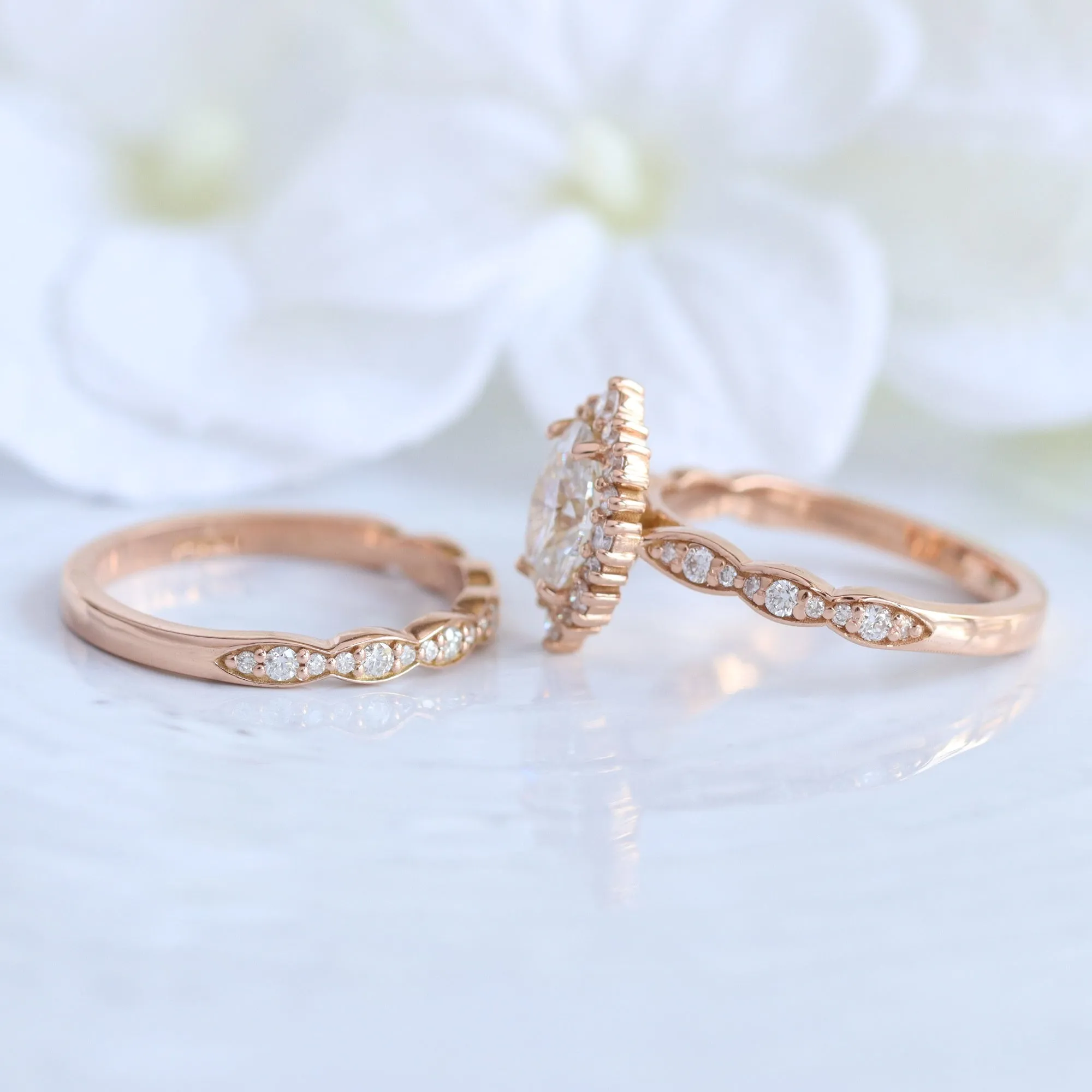 Oval Diamond Halo Scalloped Ring Set w/ Lab Diamond and Matching Wedding Band