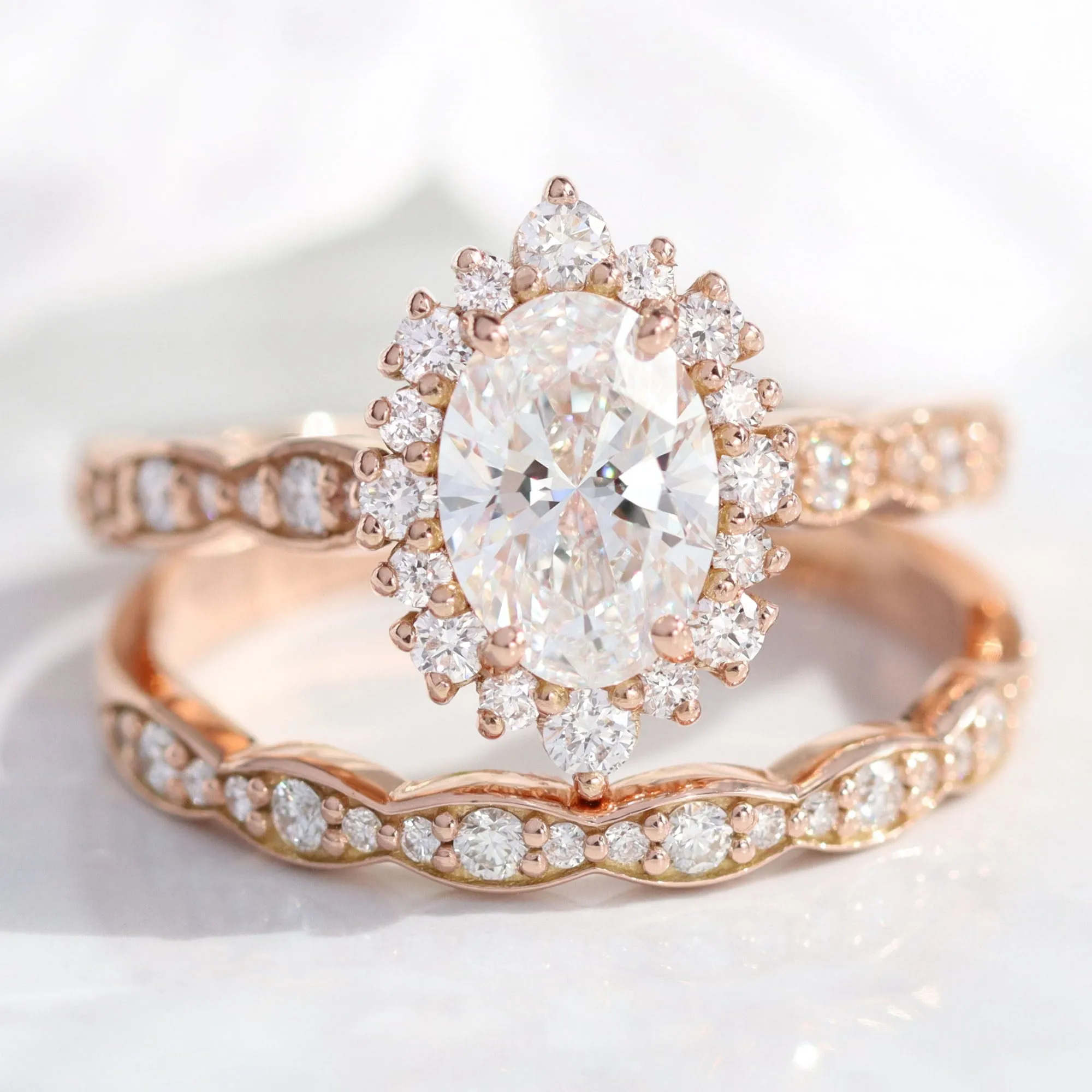 Oval Diamond Halo Scalloped Ring Set w/ Lab Diamond and Matching Wedding Band