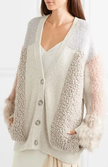 Oversized Patchwork Cotton-Blend and Faux Fur Cardigan