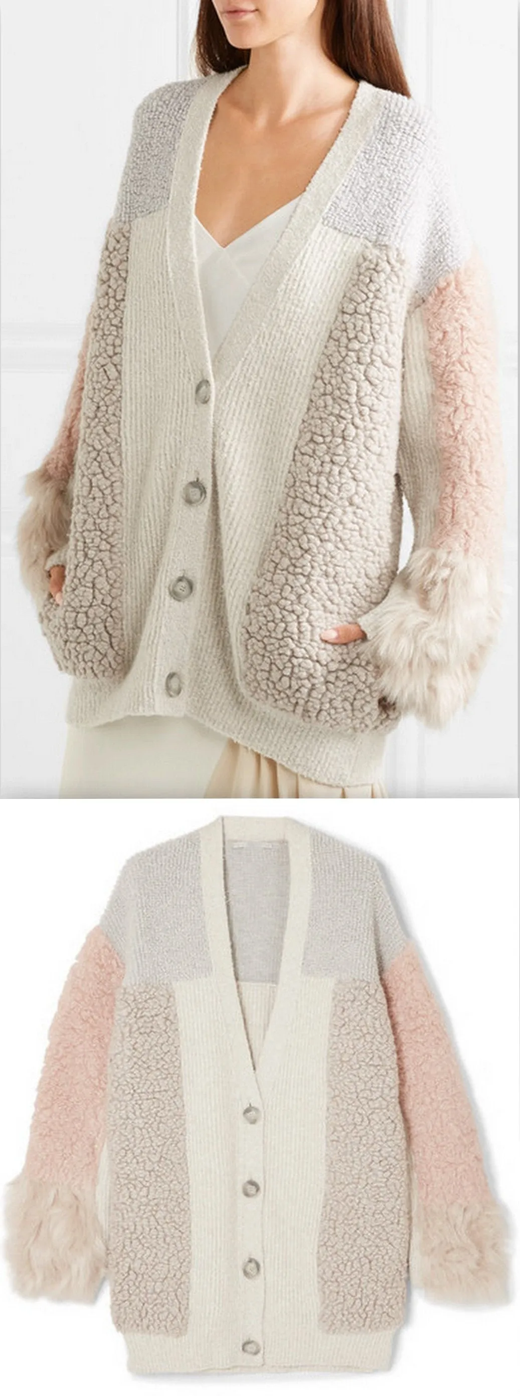 Oversized Patchwork Cotton-Blend and Faux Fur Cardigan