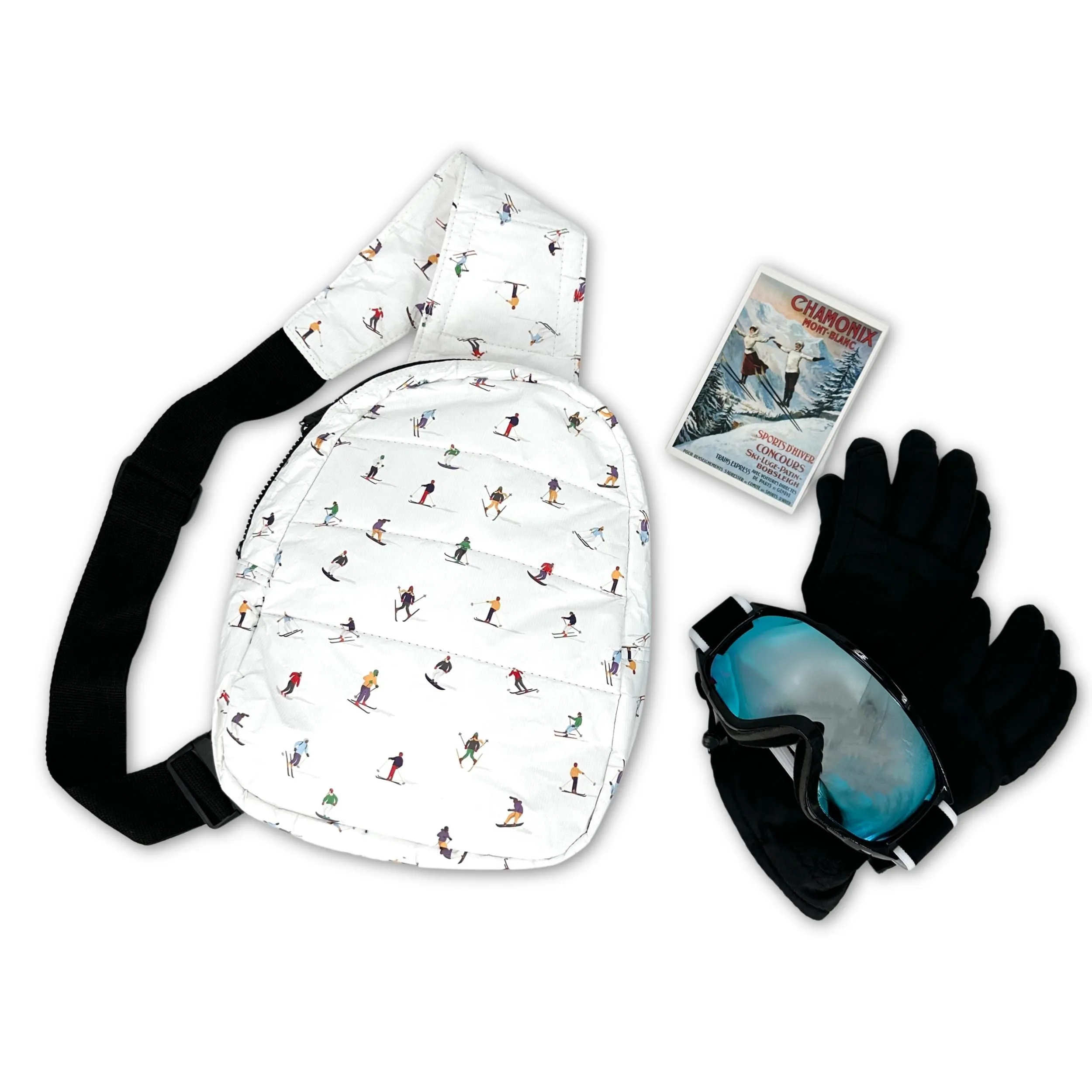 "Ski Lovers" Set of Two - Puffer Crossbody Backpack and Fanny Pack in Dancing Skiers