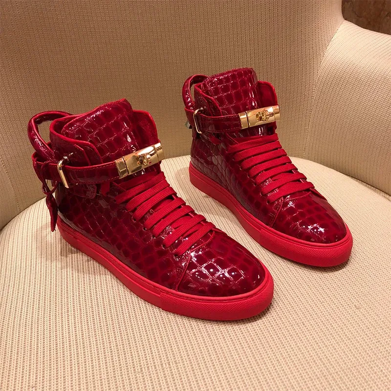 Red Embossed Crocodile High Top Sneakers/Leather Designer Boots Shoes