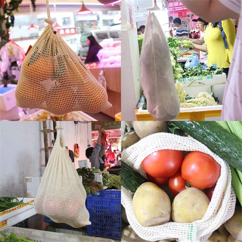 Reusable Eco Friendly Cotton Mesh Produce Bags for Vegetables & Fruit - Washable Storage Bags