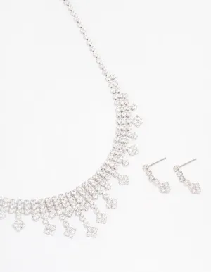 Silver Cubic Zirconia Statement Diamond Earrings & Necklace Set