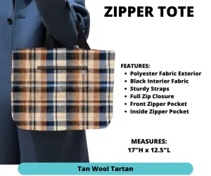 Tan Wool Tartan Zipper Tote