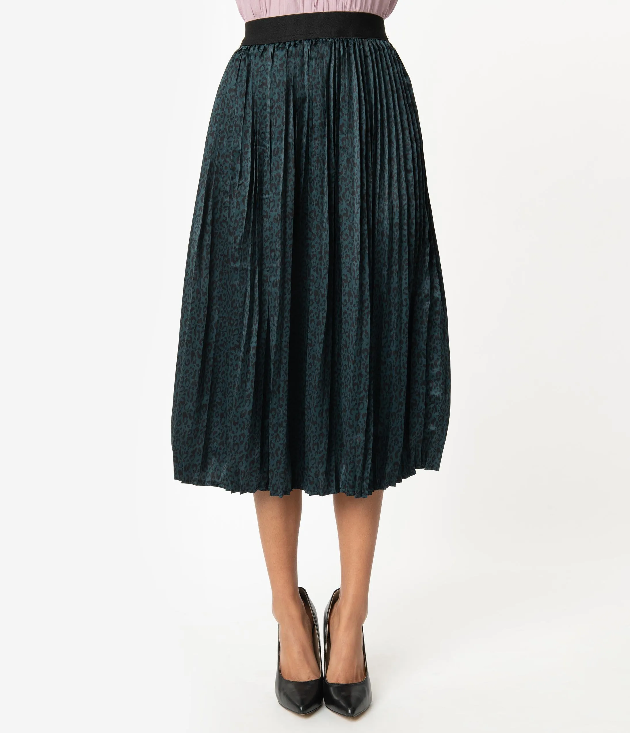 Teal Animal Print Pleated Skirt