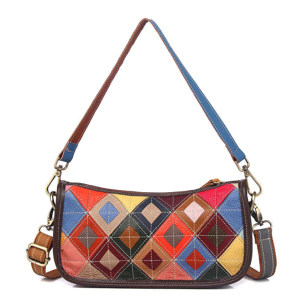 Unique Colorful Leather Shoulder Bag with Patchwork Design