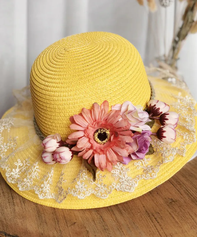 Unique Purple Lace Patchwork Straw Woven Floral Floppy Sun Hat