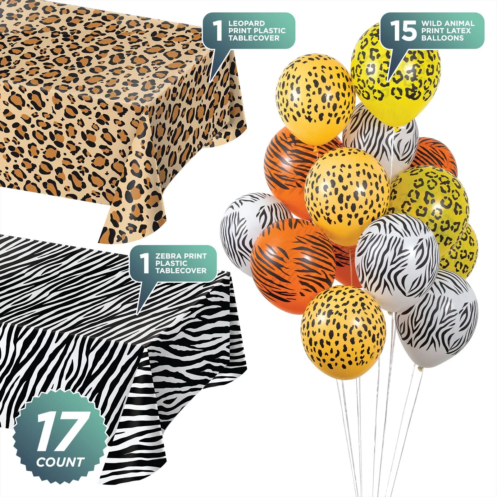 Wild Animal Print Party Decor - Leopard, Tiger, Zebra, and Cheetah Balloons and Table Cover Set