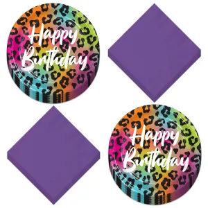 Wild Child Happy Birthday Animal Print Paper Dessert Plates & Purple Napkins - Colorful Animal Print