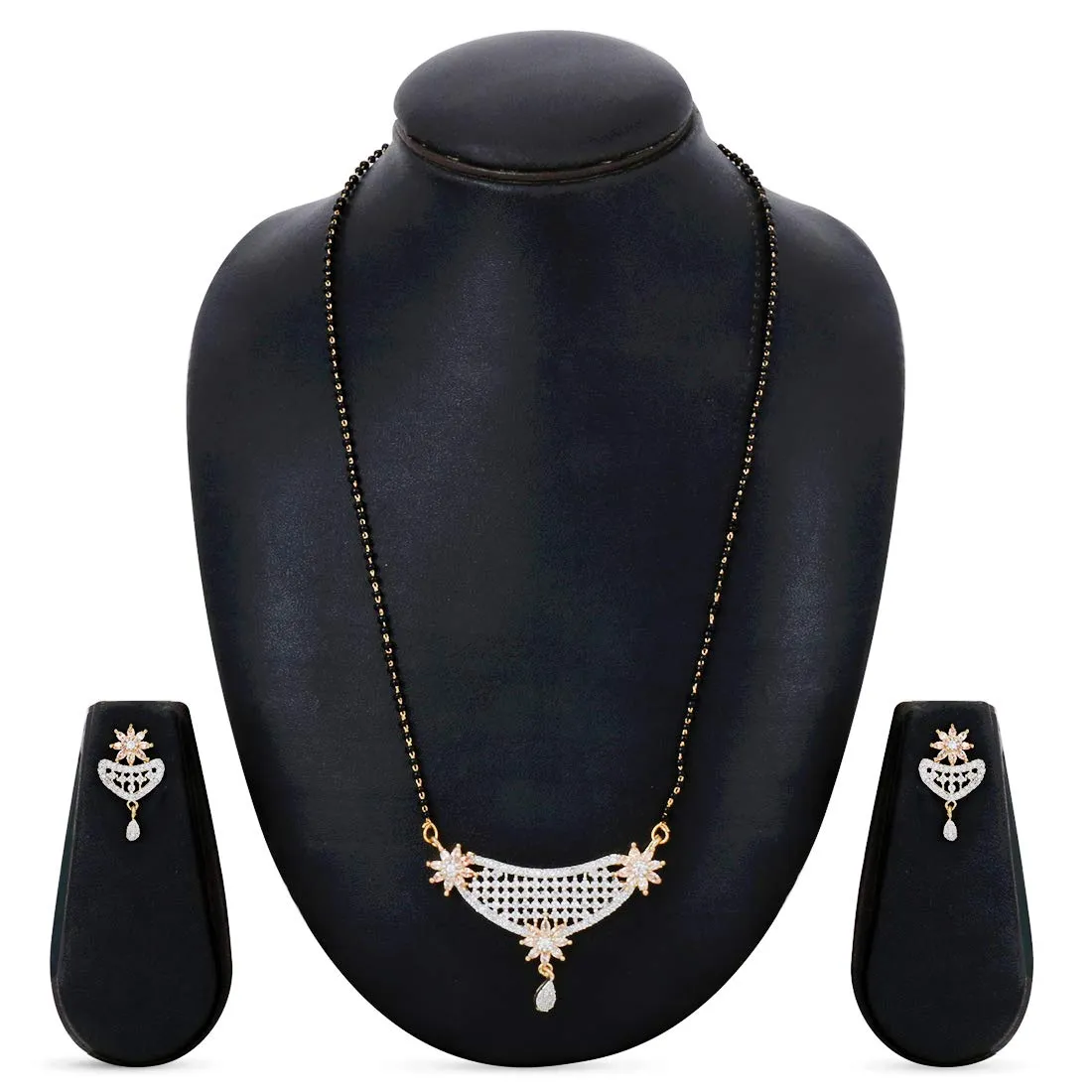 Yellow Chimes Classic Gold AD/American Diamond Studded Black Beads Designer Floral Mangalsutra Set with Earrings for Women