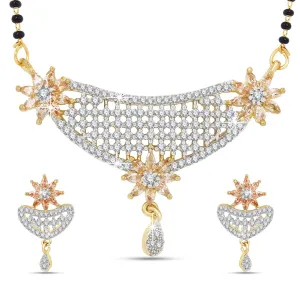 Yellow Chimes Classic Gold AD/American Diamond Studded Black Beads Designer Floral Mangalsutra Set with Earrings for Women