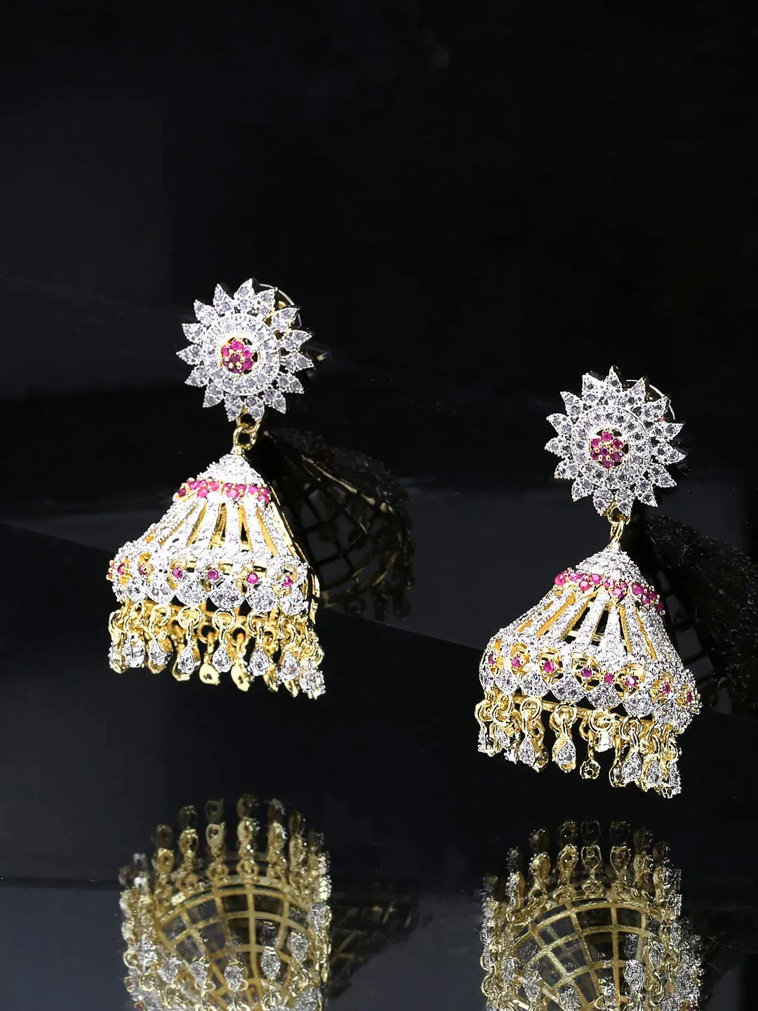 Yellow Chimes Elegant Pink AD/American Diamond Studded 18k Gold Plated HandCrafted Designer Jhumka/Jhumki Earrings for Women & Girls